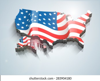 United States of America 3D map covered by national flag for 4th of July, Independence Day celebrations
