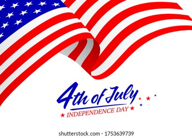 United States of America 4th of July, Independence Day. Calligraphic Fourth of July with flag. Vector typography for banner or poster design. Illustration on white.