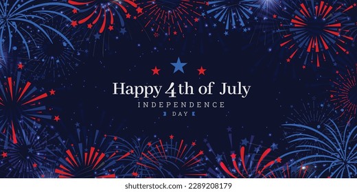 United States of America 4th of July independence day celebration firework background on dark navy blue background. Vector illustration.