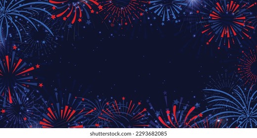 United States of America 4th of July independence day celebration firework template on dark navy blue background. Vector illustration.