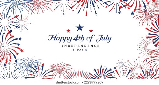 united states of America 4th of July celebration banner background with firework burst on white background with greeting typography. Vector illustration.