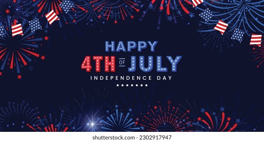 United states of america 4th of July celebration greeting banner with firework and typography design on navy blue background. Vector design.