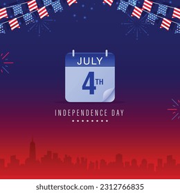 Vereinigte Staaten von Amerika 4. Juli Kalender Gruß, Vorlage, Banner-Design mit neuen york Stadt Skyline und bunting Dekoration. Vektorgrafik.