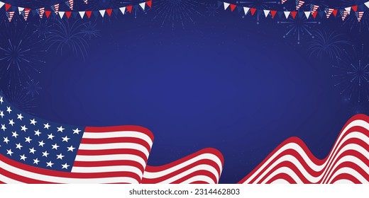 United States of America 4th of July independence day banner background with usa waving flag and bunting decoration. Blank, empty, copy space, template vector illustration.