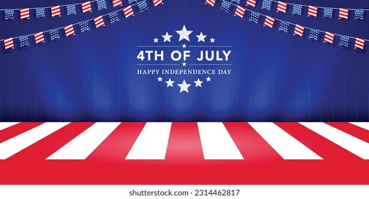 United states of America 4th of July stage banner template stage design with bunting decoration, star, and stripe. Empty blank copy space for product display. Vector illustration.