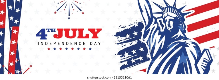 United States of America, 4th of July greeting banner of Statue of Liberty with background banner template design with grunge usa flag. Vector illustration.