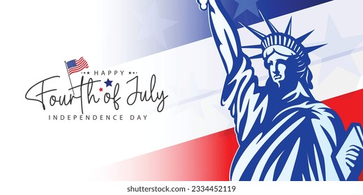 United States of America 4th of July independence day modern banner background, template design with star, the Statue of Liberty. Red and blue USA flag color. Vector illustration.