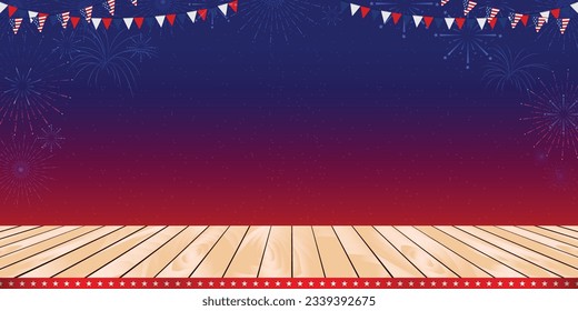 United States of America 4th of July independence day blank, copy space, product display, stage with bunting, and wooden floor template background. Vector illustration.