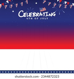 United states of america 4th of july independence day blank, copy space, product display, stage with waving USA flag, bunting and white wooden floor template background. Vector illustration.