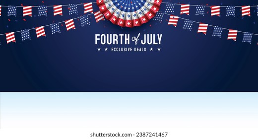 United states of america 4th of july independence day blank, copy space, product display with paper fan, and bunting template background. Vector illustration.