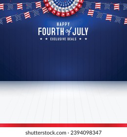 United States of America 4th of july independence day blank, copy space, product display with paper fan, bunting, and white wooden floor template background. Vector illustration.