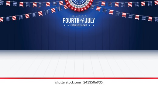 United states of america 4th of july independence day blank, copy space, product display with paper fan, bunting, and white wooden floor template background. Vector illustration.