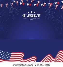 Estados Unidos de América 4 de julio día de la independencia venta, descuento, banner de exhibición de producto con bandera ondulante norteamericana y bunting de USA, ilustración vectorial.