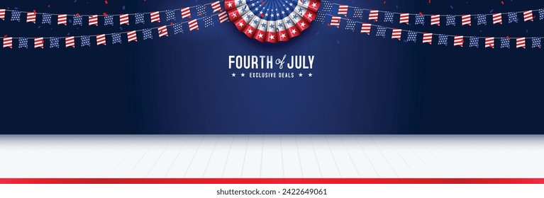 United states of america 4th of july independence day blank, copy space, product display with paper fan, bunting and white wooden floor template background. Vector illustration.