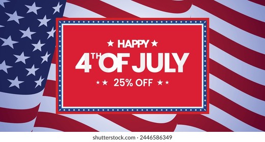 United States of America 4th of July sale, discount banner, with USA waving flag illustration.