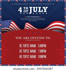 United states of America 4th of July A4 invitation banner with usa waving flag, and event topics. Vector illustration.