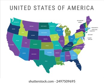 Estados Unidos de América Mapa administrativo Vector ilustración aislada. Dibujo de Vector colorido de EE.UU. USA Mapa político con fronteras y nombres de los 50 estados, mapa vintage de EE.UU., mapa colorido de EE.UU