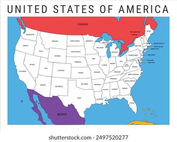 United States of America Administrative map vector illustration, political outline vector map  of USA, Poster map of United States of America with state names, America political map clearly labeled