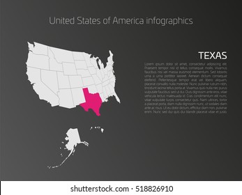 United States of America, aka USA or US, map infographics template. 3D perspective dark theme with pink highlighted Texas, state name and text area on the left side.