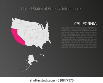 United States of America, aka USA or US, map infographics template. 3D perspective dark theme with pink highlighted California, state name and text area on the left side.