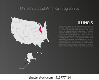 United States of America, aka USA or US, map infographics template. 3D perspective dark theme with pink highlighted Illinois, state name and text area on the left side.