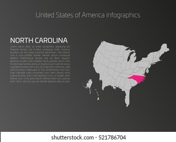 United States of America, aka USA or US, map infographics template. 3D perspective dark theme with pink highlighted North Carolina, state name and text area on the left side.