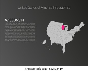 United States Of America, Aka USA Or US, Map Infographics Template. 3D Perspective Dark Theme With Pink Highlighted Wisconsin, State Name And Text Area On The Left Side.