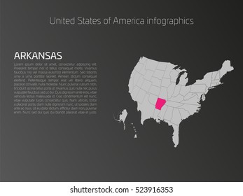 United States of America, aka USA or US, map infographics template. 3D perspective dark theme with pink highlighted Arkansas, state name and text area on the left side.