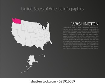 United States of America, aka USA or US, map infographics template. 3D perspective dark theme with pink highlighted Washington, state name and text area on the left side.