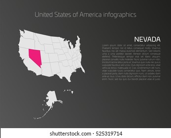 United States of America, aka USA or US, map infographics template. 3D perspective dark theme with pink highlighted Nevada, state name and text area on the left side.