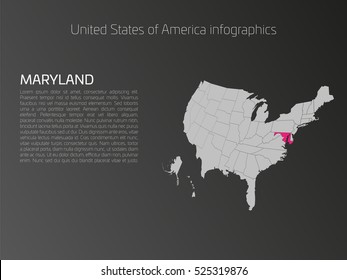 United States of America, aka USA or US, map infographics template. 3D perspective dark theme with pink highlighted Maryland, state name and text area on the left side.