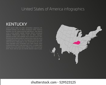 United States of America, aka USA or US, map infographics template. 3D perspective dark theme with pink highlighted Kentucky, state name and text area on the left side.