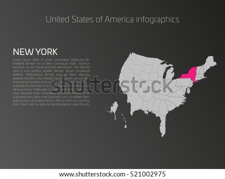 United States of America, aka USA or US, map infographics template. 3D perspective dark theme with pink highlighted New York, state name and text area on the left side.