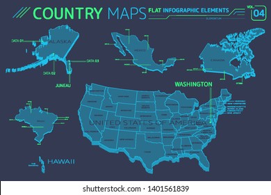 United States of America, Alaska, Hawaii, Mexico, Canada and Brazil Vector Maps