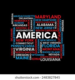 The United States of America along with the name of the 50 States Lettering Vector.