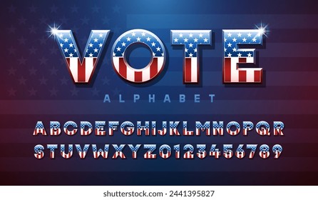 United States of America alphabet typography design with letters and numbers. Bold 3d typeface font effect set themed with american USA flag colors and elements