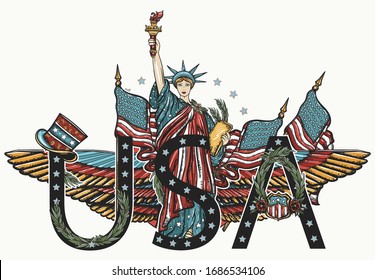 United States of America art. Statue of liberty, golden eagle,crossed flags. Patriotic style. Old school tattoo style. History and culture. Traditional USA concept 