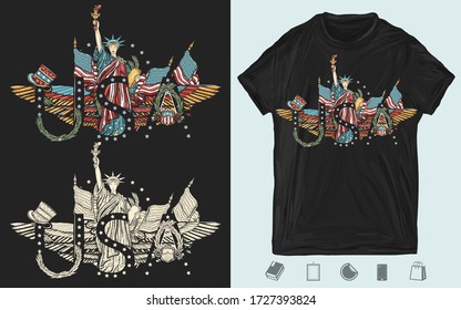 United States of America art. Statue of liberty, golden eagle,crossed flags. Patriotic style. Creative print for dark clothes. T-shirt design. Template for posters, textiles, apparels 