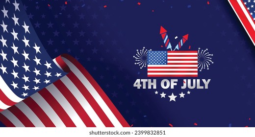 United States of America background, banner, template design for greeting 4th of July independence day with waving American flag and fireworks. Vector illustration.