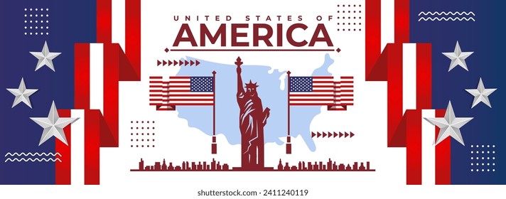United States of America background design with statue of liberty Independence Day banner for 4th of July. USA National star Vector Illustration, Red Blue abstract, American flag and map.