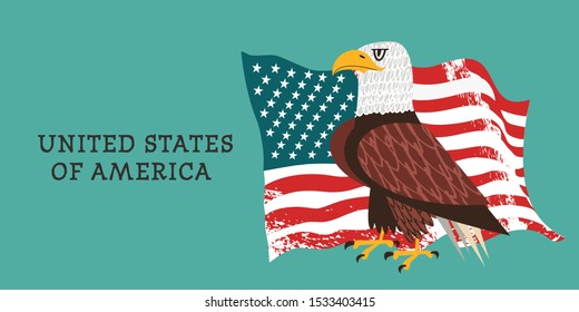 United States of America. Bald eagle on the background of the American flag. Vector illustration, poster.