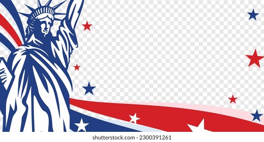 United States of America banner with red and blue stripe, Statue of liberty transparent background. Vector illustration.