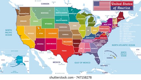 United States of America. Beautiful modern graphic vector USA map with oceans and lakes. 50 states. Alaska and Hawaïi.