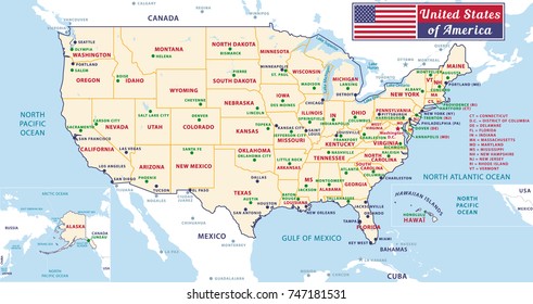 United States of America. Beautiful modern graphic vector USA map. 50 states with capitals. Alaska and Hawaiï.