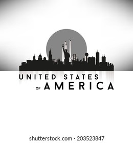 United States of America Black Skyline, greeting card design, vector illustration.