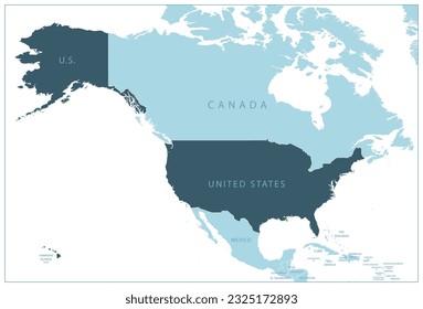 United States of America - blue map with neighboring countries and names. Vector illustration