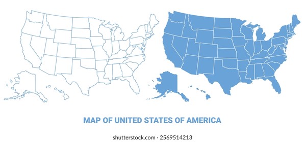 United States Of America Blue map flat regions border outline vector illustration