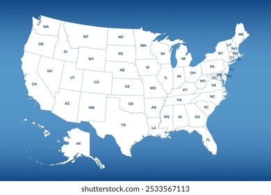 The United States of America, blue political map. Map with silhouettes of the fifty states and postal abbreviations, and with the federal District of Columbia, as it is used for statistics. Vector.