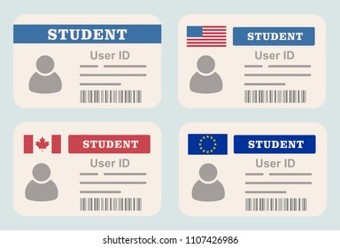 United States of America Canada European Union. Student ID card. Flat design.
