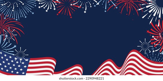 United States of America celebration banner template with us waving flag and firework illustration on navy blue background. Vector illustration.